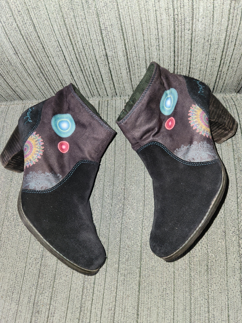 🍉Desigual Black Suede Ankle Booties with Colorful Medallion Accents